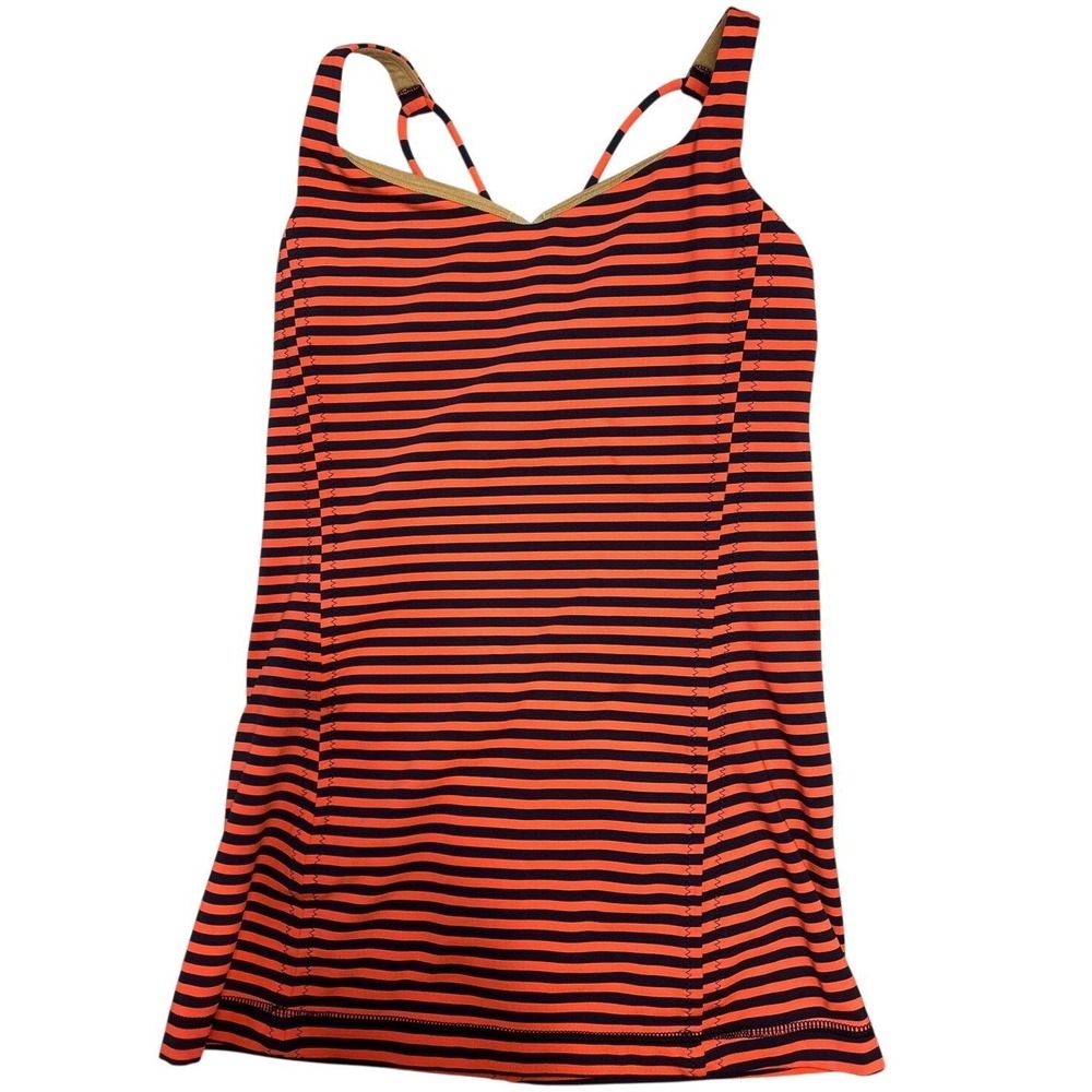 Lululemon Energy Tank Top Orange Navy Blue Striped criss cross‎ Built In Bra 6
